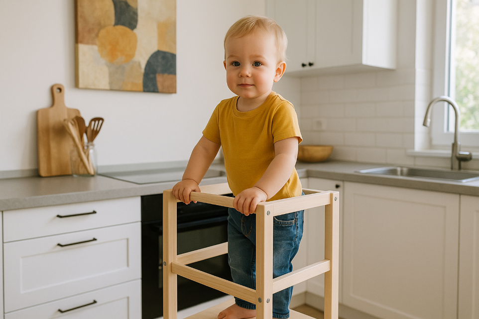 Enfant debout sur une tour Montessori Ikea dans une cuisine moderne pour favoriser son autonomie